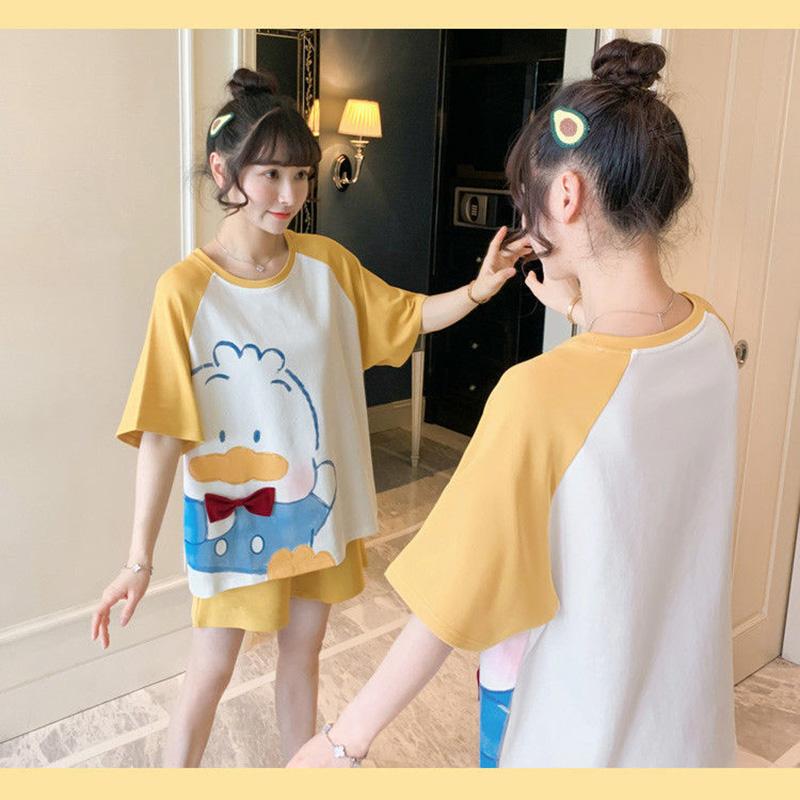 Women's Summer Pajamas Set Short-sleeved Loose Large Size Cartoon Cute Pyjamas Two-pieces Homewear Round Neck Printing Sleeping Suit