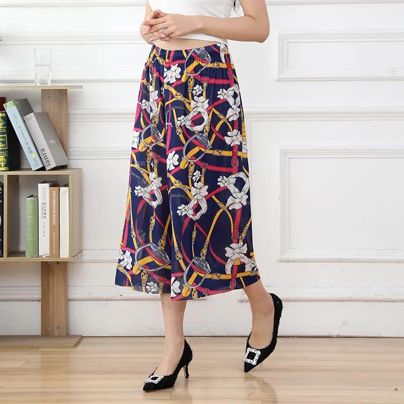 Women Summer Big Size High Waist Wide Leg Casual Culottes Loose Elastic Waist Floral Printed Thin Cropped Pants