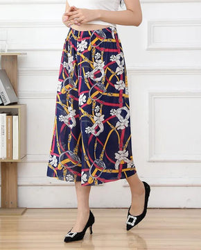 Women Summer Big Size High Waist Wide Leg Casual Culottes Loose Elastic Waist Floral Printed Thin Cropped Pants