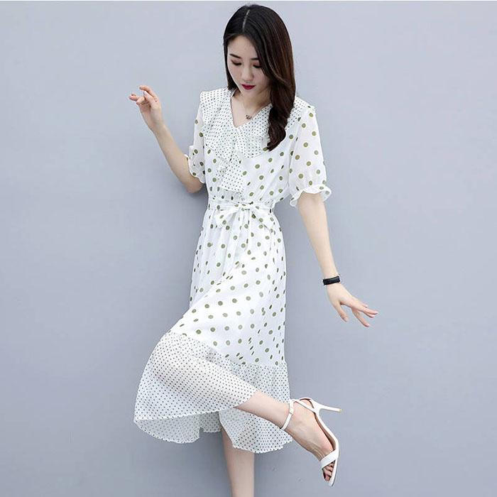 Women Chiffon Polka Dot Dress Slim Short Sleeve V-Neck A-line Vacation Beach Sun-dresses