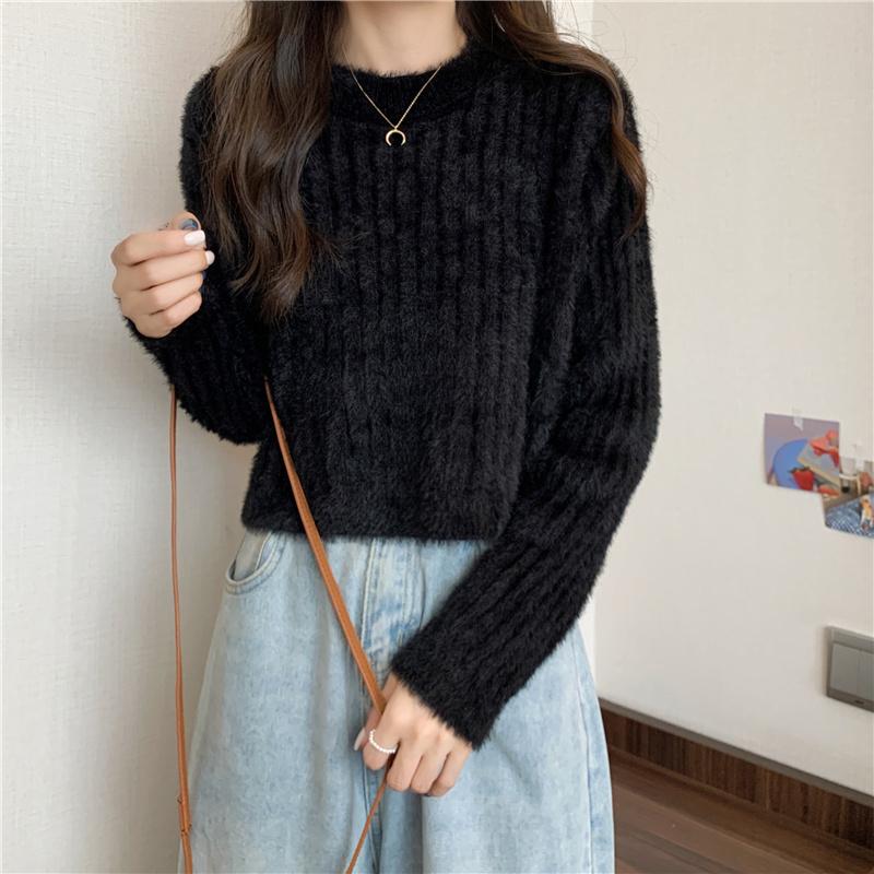 Pink Sweater Women Knitted Pullover Sweater O Neck Long Sleeve Loose Casual Jumper Furry Fall Winter Women Sweater Cropped Tops Short Clothes