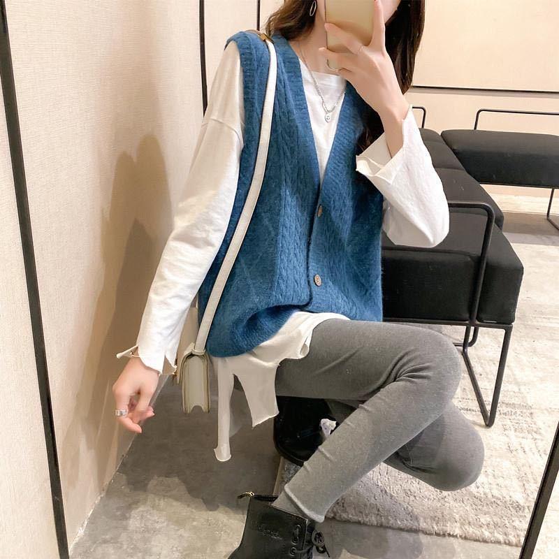 Autumn and Winter Solid Color Vest V-neck Knitted Waistcoat Loose Button Coat All-match