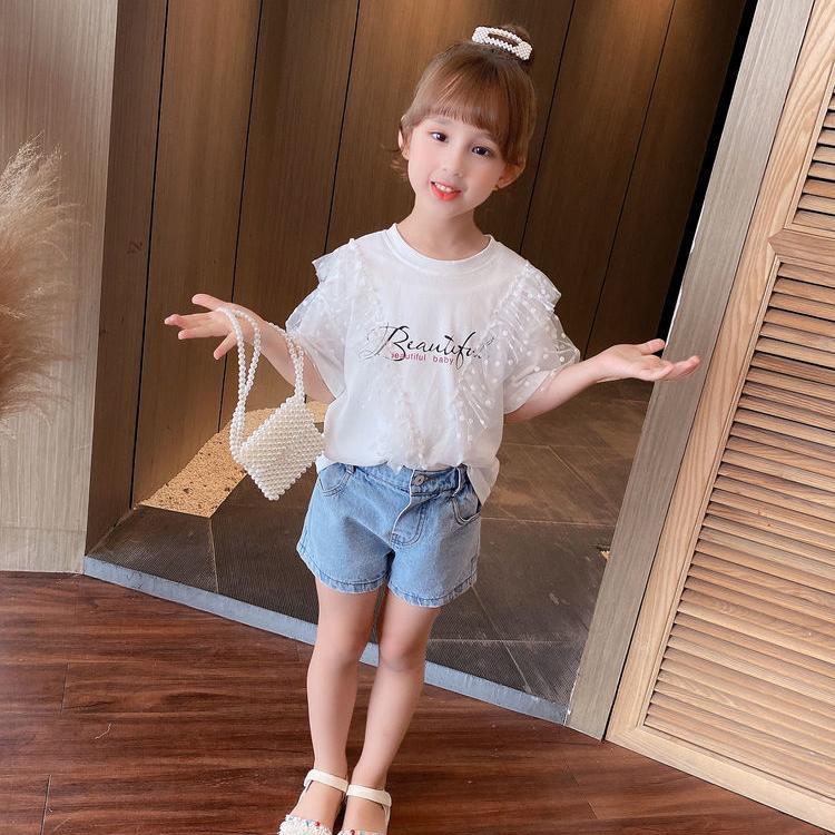 Girls' Summer T Shirt Girls' Printing Yarn Shirt Loose Version 1-8 Years Old Children's Short Sleeve Shirt Dots Folded Ruffles T Shirt