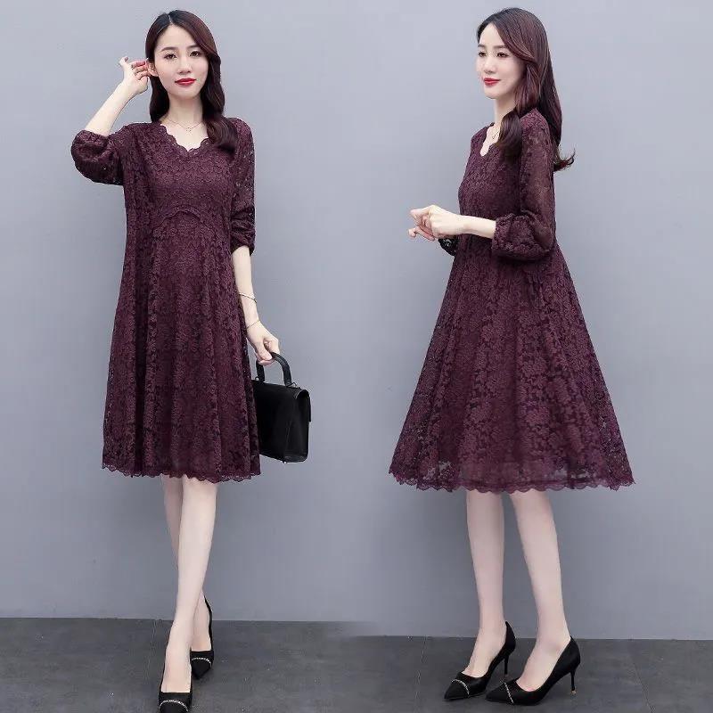 Women Solid Color Lace Long Sleeve V-neck Dress Spring and Autumn Large Size Loose Knee-length Size M-XXXXXL