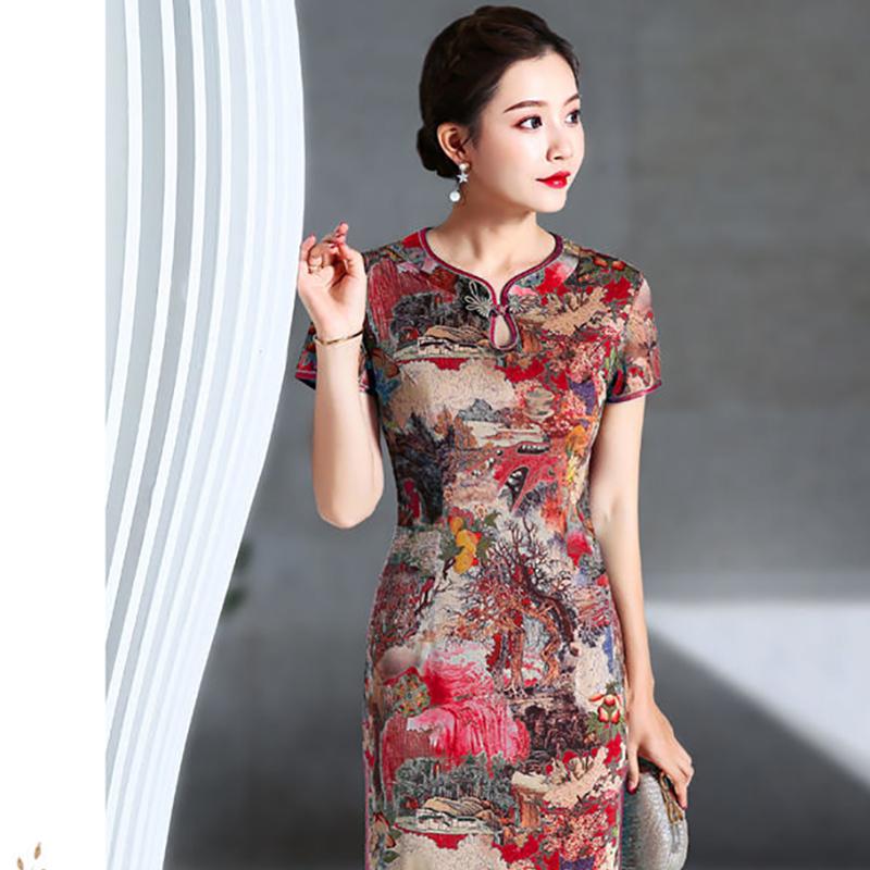 Cheongsam Female Summer Plus Size Mother Dress Daily Improved Version Low-collar Cool Cheongsam Dress Female Thin Section