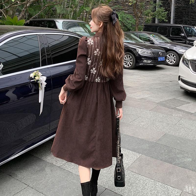 Sweater Autumn and Winter Knitted Stitching Thick Corduroy Dress Long Sleeves High Waist Slim Sweater Dress