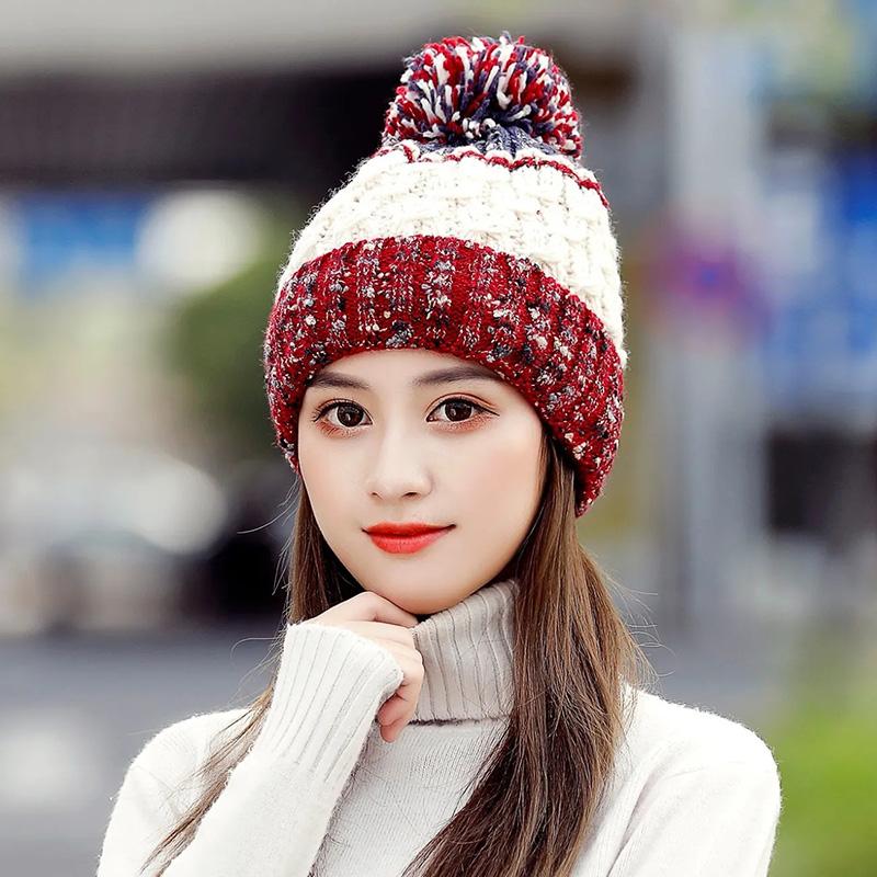 Women's Woolen Hats for Autumn and Winter Warm Knitted Hats Korean Style Student's Hats Leisure Trend Fur Ball Top Cap Female Thick Velvet Padded Hats