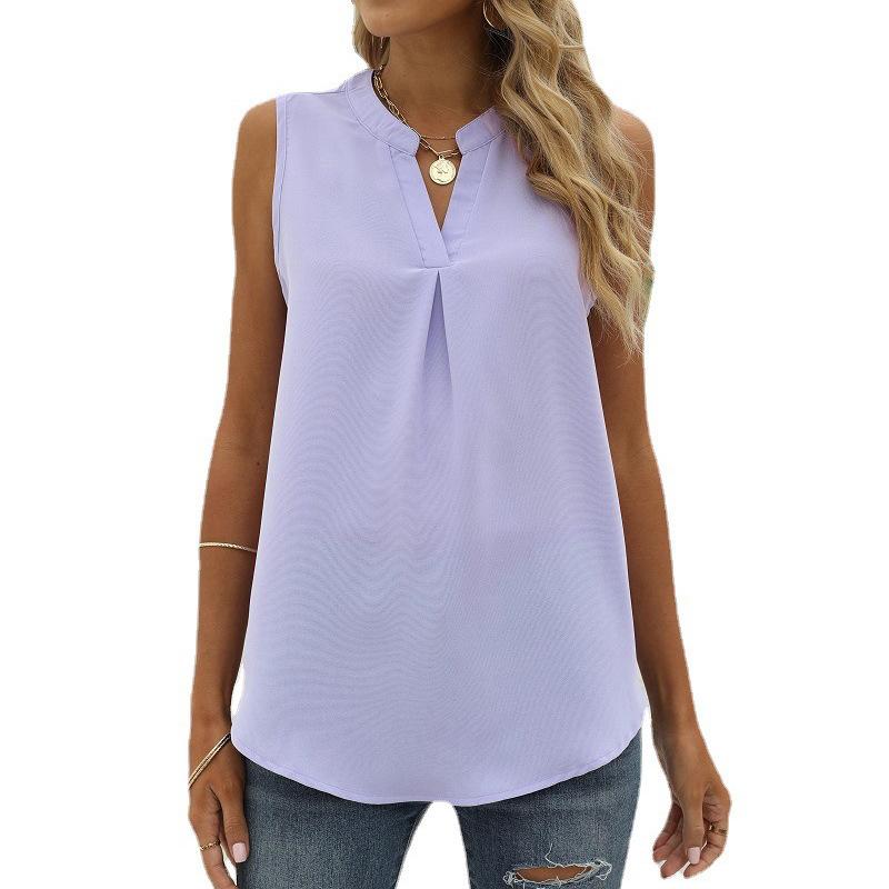 European and American Shirt Women's Spring and Summer Solid Color Chiffon Shirt Loose V-neck Pullover Sleeveless Top Vest