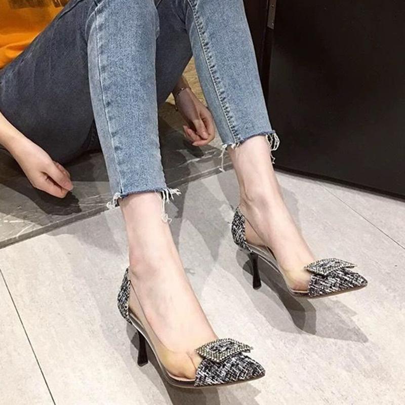 French Girl High Heels Female Stilettos Korean Version of All-match Rhinestone Transparent Pointed Toe Sexy High Heels