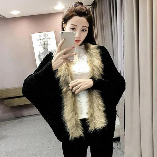 Autumn and Winter Large Size Women's Sweater Female Three-quarter Sleeve Loose Wool Collar Knitted Cardigan Coat Batwing Sleeve Shawl