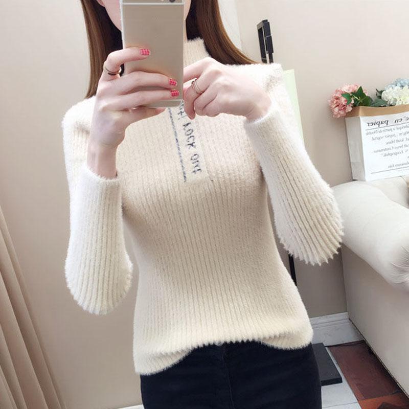 Autumn and Winter Mohair Knitted Sweater Thick Solid Color Slim Top Slim Sexy Female Bottoming Shirt