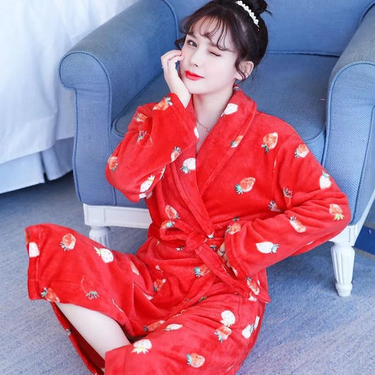 Women's Coral Fleece Long Nightgown Robe Autumn Winter Thickened Flannel Bathrobe Sexy Pajama Dress Bandage Loose Home Wear