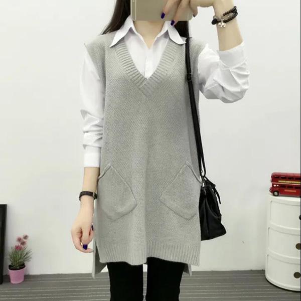 Autumn and Winter Mid-length Knitted Vest Women Loose Hedging V-neck Vest Thickened Large Size Waistcoat