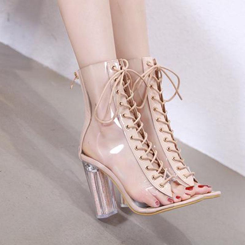 Women's Lace Up  Sandals Sexy pu Leather Transparent Sandals High Heel  Block Heel Sandals