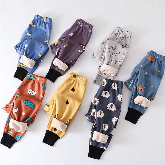 Children's Warm Long Trousers Plus Velvet Thickening for Boys and Girls In Autumn and Winter Milk Silk Warm Pants Baby Pajamas Home