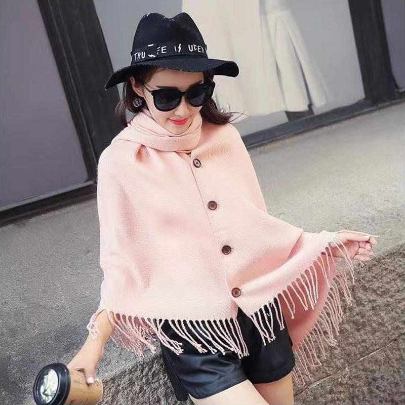 Women's Autumn Winter Multifunctional Shawl Scarf with Buckle Korean Style Warm Imitation Cashmere Scarf Air Conditioning Shawl Padded Cloak Jacket