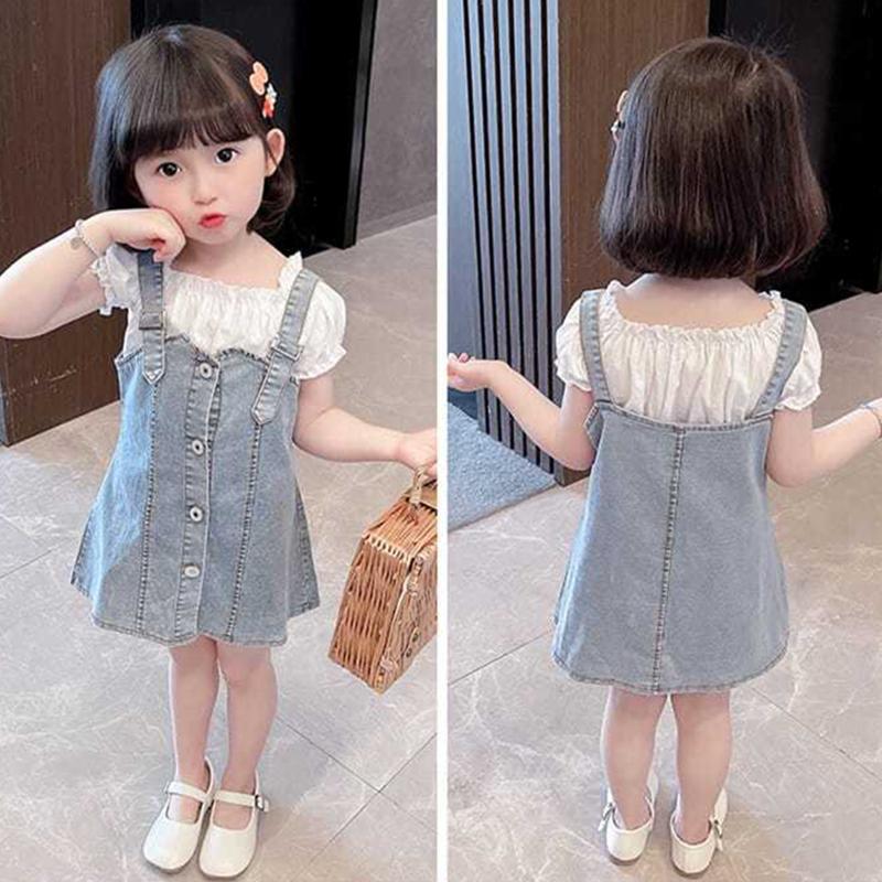 2PCS Children Clothing Set Spring Korean Style Summer Girls Suits Printing Short Sleeve Ruffle Tops + Braces Skirt Clothing Set