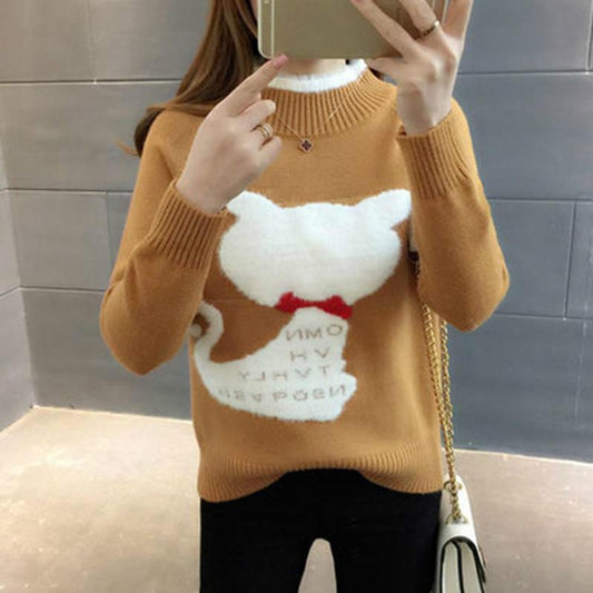 Thicken Sweater Female Autumn and Winter High Collar Loose Printed Sweater Long Sleeve Warm