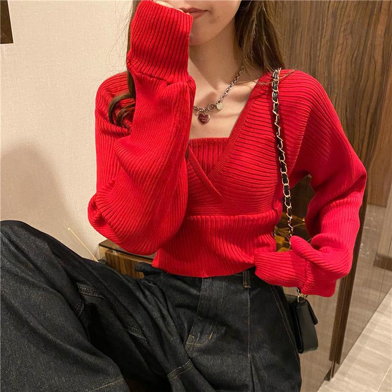 Design Sense Square Neck Bottoming Shirt Short Wild Sweater Puff Sleeve Knit Sweater Women's Temperament Knitted Top