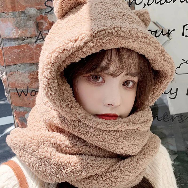 Hat Scarves Cashmere Warm Winter Scarf Pockets Glovers All In One Women Fashion Shawls Cat Ear Cute Kawaii Winter Scarfs