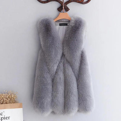 Faux Fox Fur Vest Artificial Soft Warm Fur Coat Women's Mid-length Casual V-neck Fur Coat Women's Waistcoat Temperament Rabbit Fur Vest