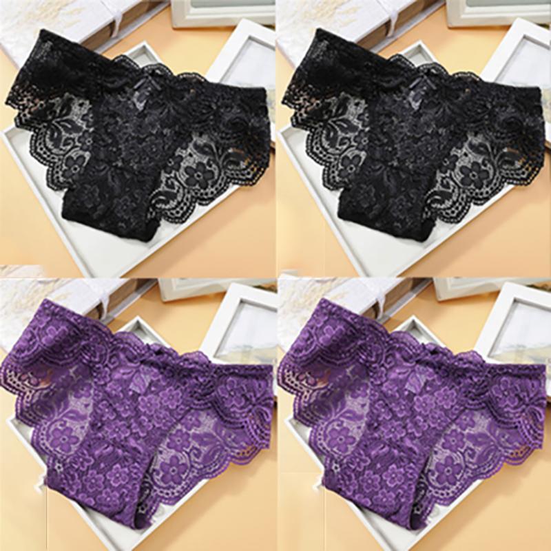 4-pack of Summer Sexy Lace Panties Cotton Crotch Hollow Ladies Panties Seamless Low-rise Women's Underwear