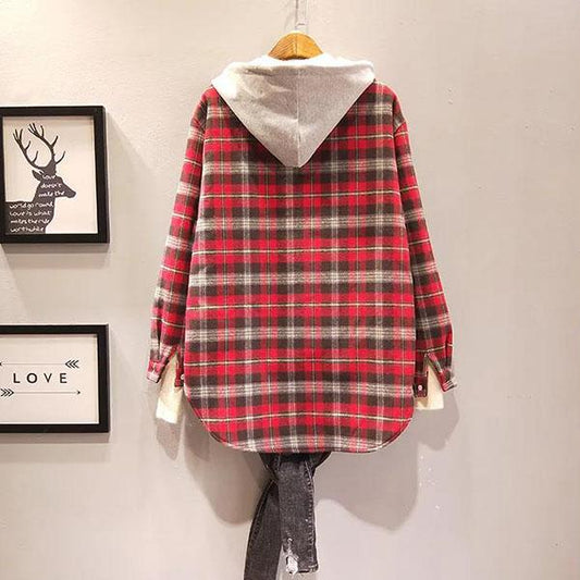 Women's Plaid Hooded Cardigan Long Sleeve Blouse Female Autumn and Spring Large Size Loose Coats