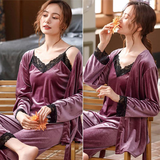 Women's Sexy Lace Sling Nightgown with Chest Pad Autumn Winter Gold Velvet Pajamas Three-piece Set Out Wear Homewear Female Night Robe Sleeping Suit