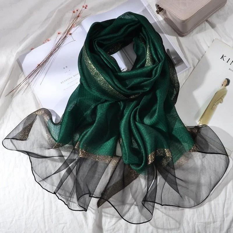 Women's Autumn and Winter Mulberry Silk Scarf Fine Silk Scarf Pure Color Striped All Match Shawl Warm Gauze Scarves Elegant Wrap Shawl Thermal Scarf