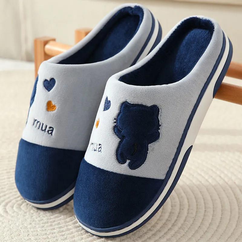 Cotton Slippers for Women Pink Cute Bear Heart Embroidery Home Slippers Thick Fleece Warm Shoes Mens Plus Size Slippers Home Non Slip Blue Black Gray