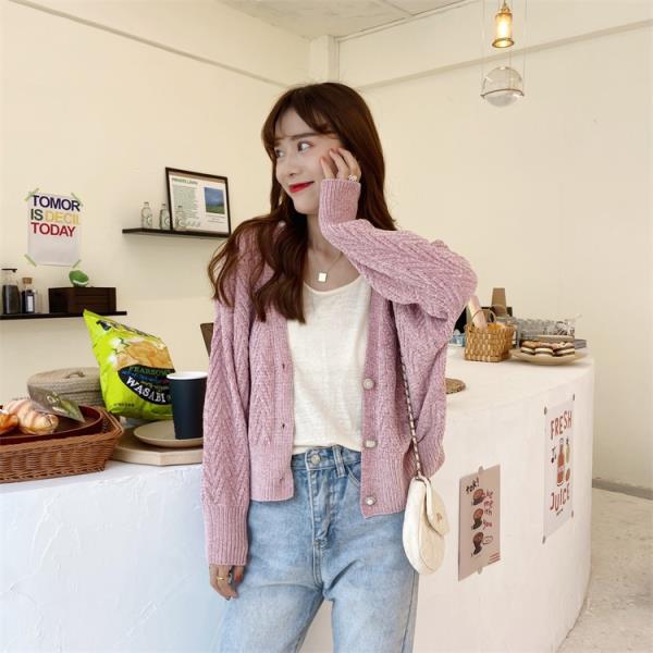 Autumn and Winter V-neck Knitted Sweater Cardigan Loose Short Top Long Sleeve Casual Women's Jacket