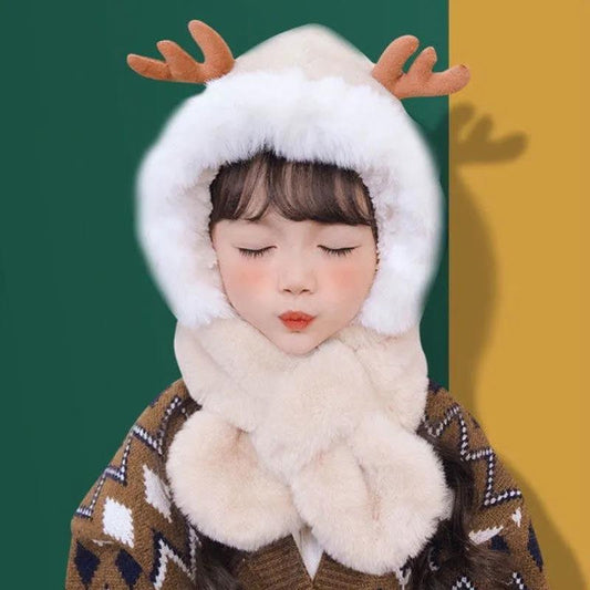 Autumn and Winter New Children's Antler Hat Scarf Integrated Plush Thickened Lovely Warm Hat Men's Treasure Women's Treasure Small Hat