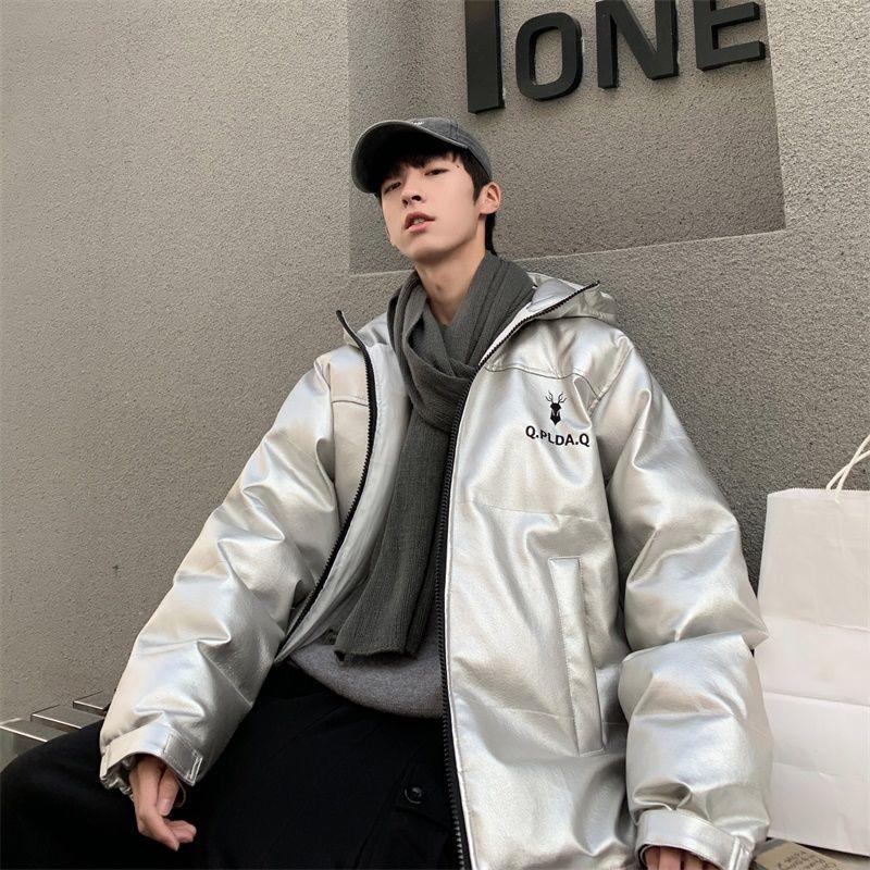 Men's Cotton-padded Jacket Winter Hong Kong Style Trend Loose Hooded Jacket Windproof PU Embroidered Winter Leather Padded Jacket