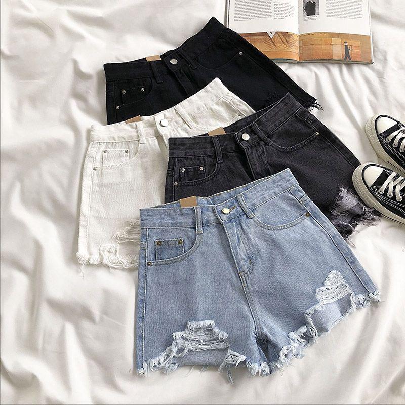 Light-colored Denim Shorts Women's High Waist Summer New Style Korean Loose Loose Holes and Raw Edges Are Thin