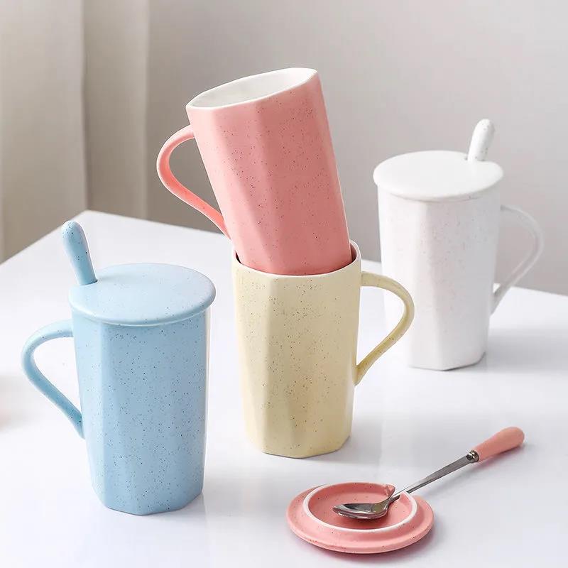 Water Cup Ceramic Mug with Lid Spoon Ins Wind Male and Female Students Home Creative Breakfast Coffee Cup Large Capacity