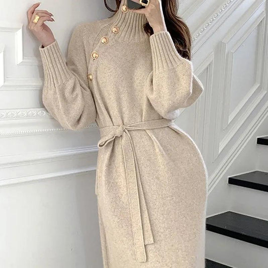 Dress Women's Turtleneck Diagonal Button Knit Dresses Long Korean Loose Sexy Plus Size Boho Sweater Dress Autumn and Winter