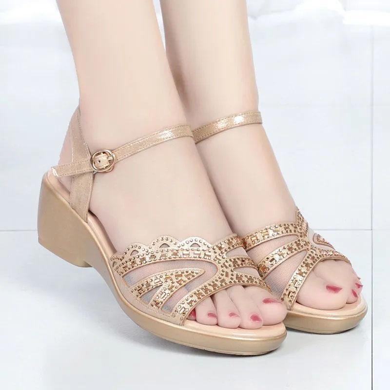 Leather Mesh Sandals Women's Spring and Summer New Hollow One-word Buckle Fish Mouth Wedge Mother Shoes Ladies Sandals