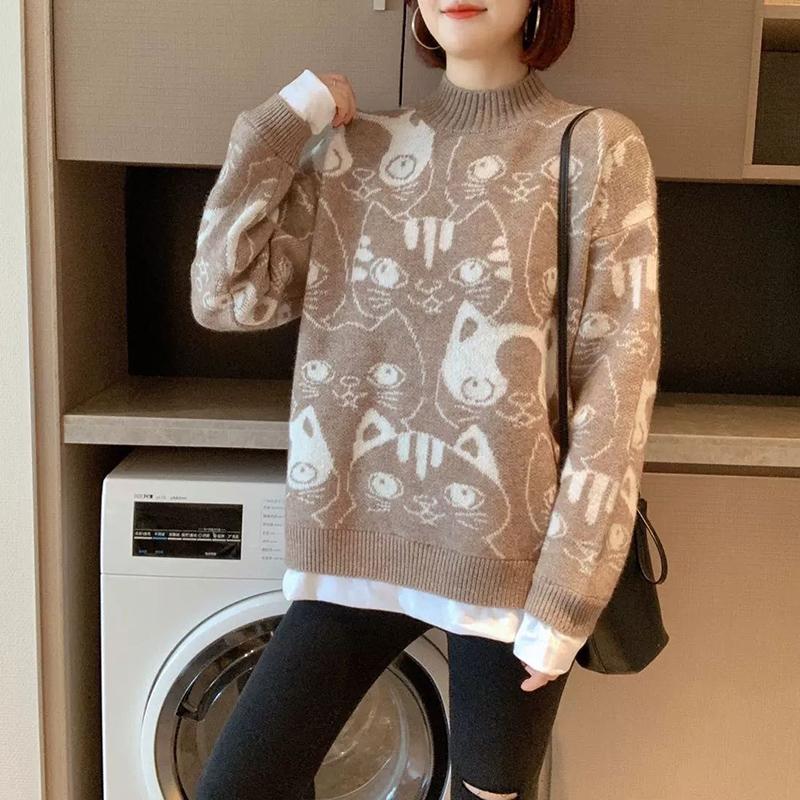 Autumn Winter  Women Fashion Sweater Casual Knitting Sweater Print Round Neck Pullovers Loose Casual Long Sleeve Sweater