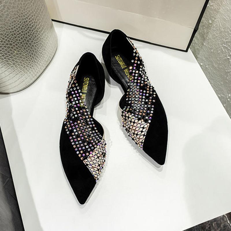 Women's Shoes Summer Sexy Side Hollow Flat Shoes Female Pointed Toe Baotou Rhinestone Hollow Single Shoes