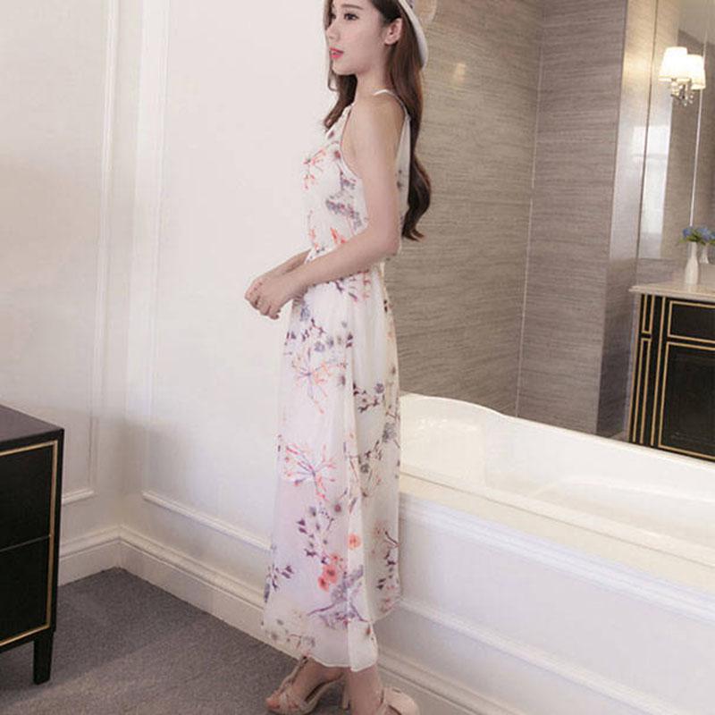 Summer Sweet Halter Strapless Chiffon Floral Dress Sleeveless Beach Long Party Dress