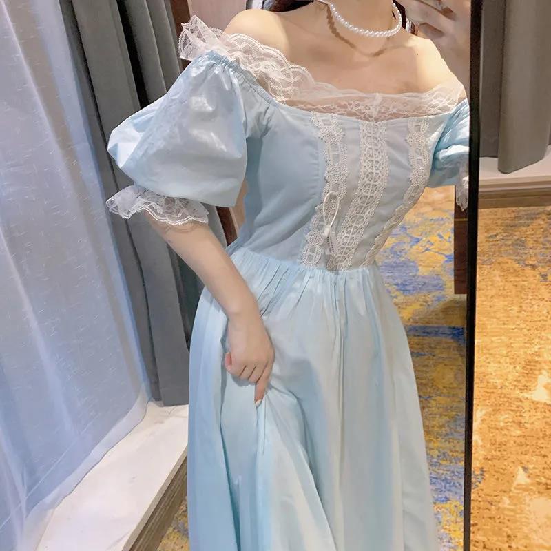 Female Vintage High Waist Super Fairy Holiday Dress Blue Elegant Slim Pleated Lace Party Dress