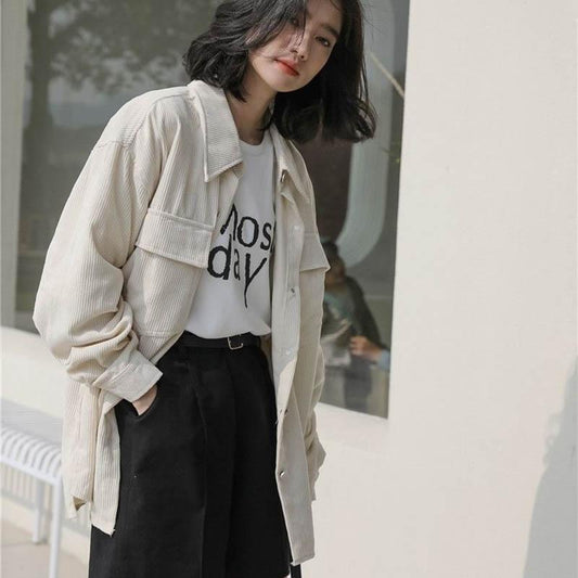 Autumn Korean Retro Corduroy Long-sleeved Loose Lazy Wind Mid-length Shirt Jacket Jacket Women