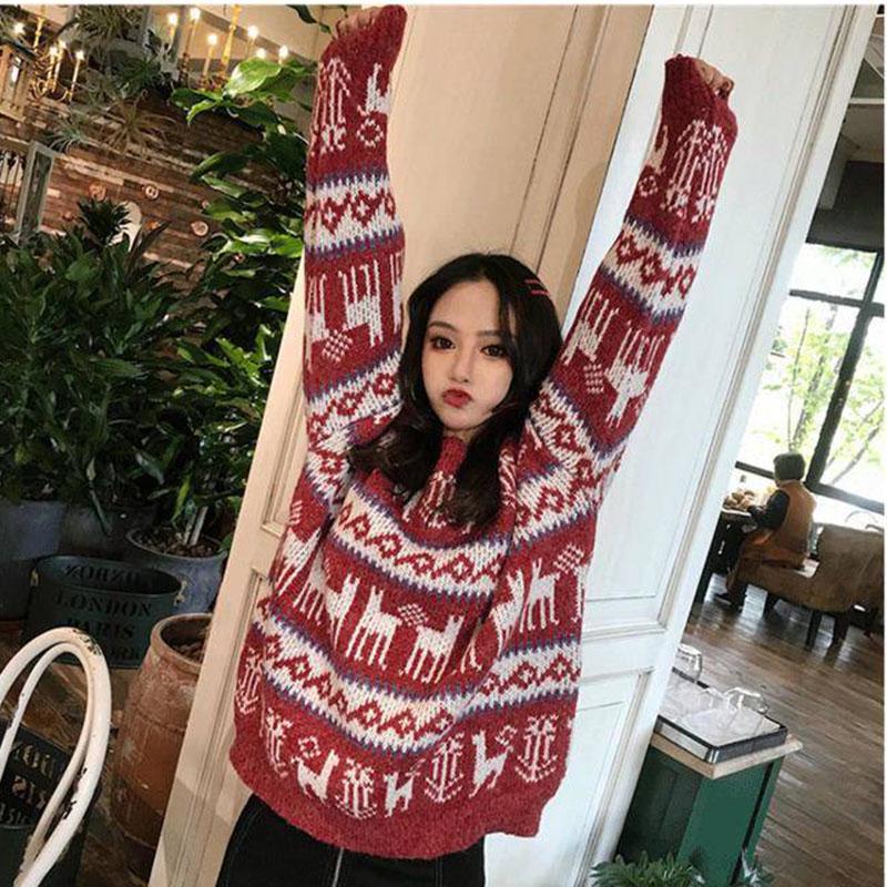 Vintage women christmas sweaters loose mid-length pullover thickened O-neck Fawn printing sweater