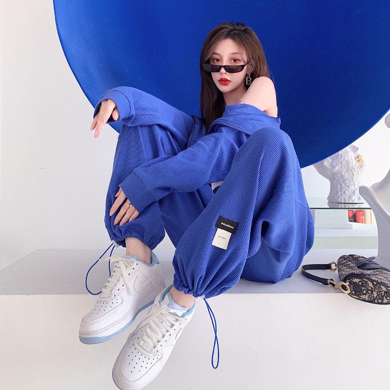 Sports Waffle Suit Women's Loose Casual High Waist  Blue Wide Leg Sweatpants Spring and Autumn Tide Two-piece Suit