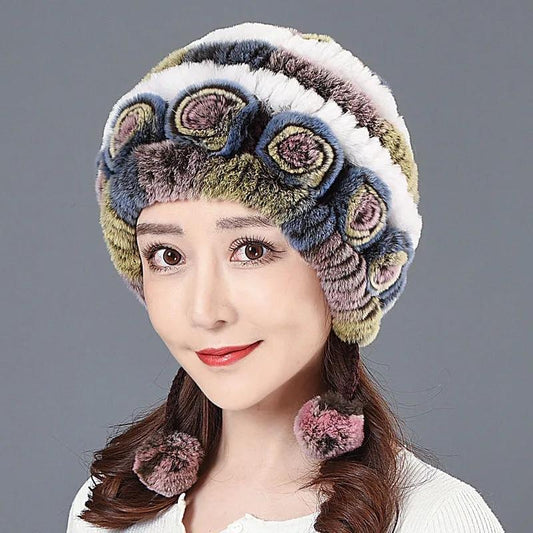 Women's Rex Rabbit Fur Hat Autumn and Winter Elegant Floral Warm Mother's Ear Cap Fur Hat Thick Bib Fur Hat All-match Ear Protection Hat