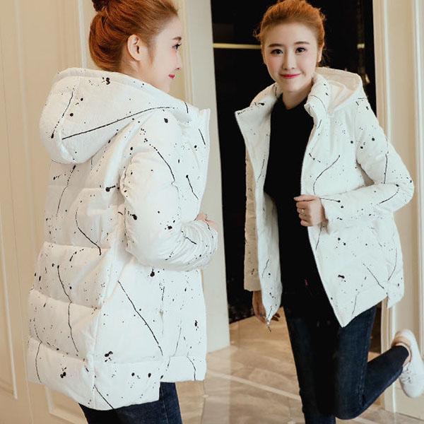 Women Winter Hooded  Jacket Short Cotton Padded Ladies Plus Size  Coat Print Thicken Warm  Parka Stand Collar