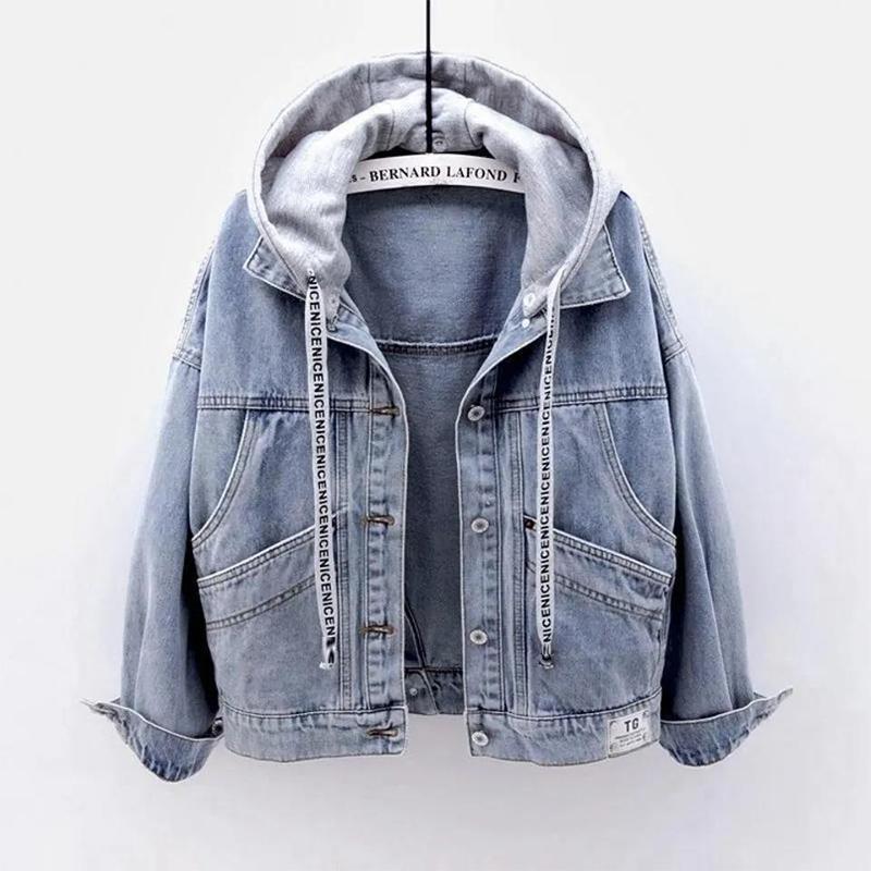 Denim Jacket Women Loose 2021 Spring and Autumn Korean Style Short Long-sleeved Hooded Jacket Multi-pocket Versatile Top