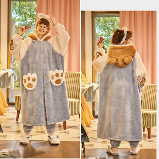 Large Size Thick Coral Fleece Warm and Skin-friendly Soft Pajamas for Women In Winter Long Cute Cartoon Can Be Worn Outside The Robe Can Be Washed