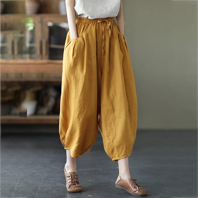 WTEMPO Lantern Pants M-XXXL Cotton Linen Pants Women Spring and Summer Loose Elastic Waist Solid Color Casual Trousers