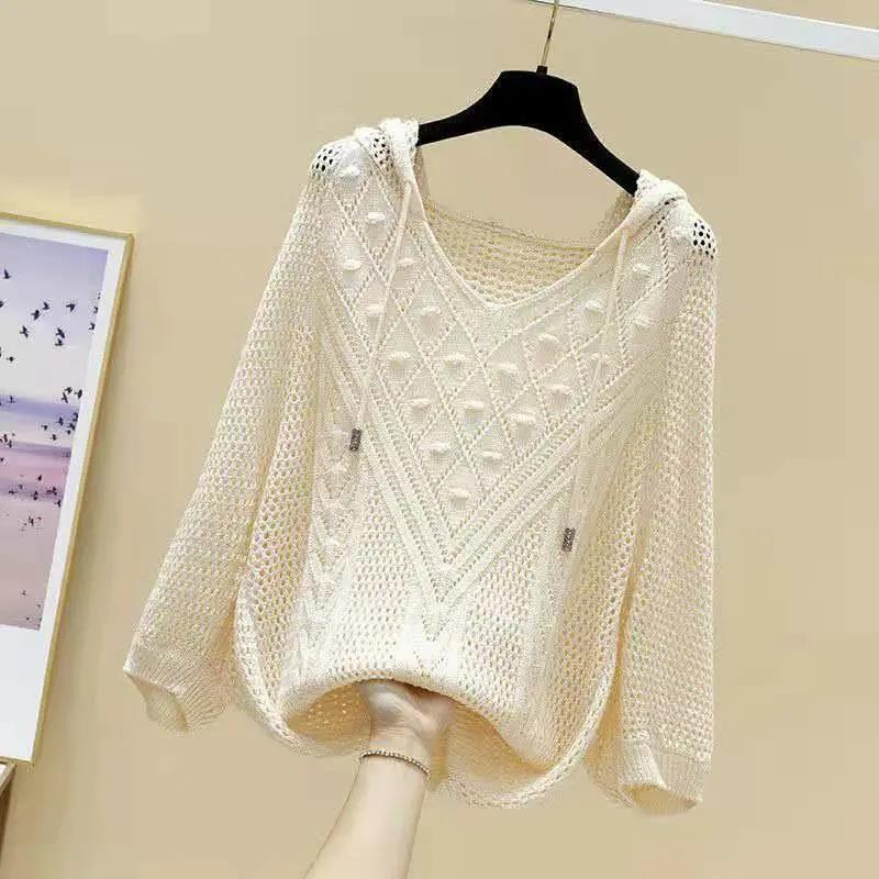 Women's Hollow Knitted Sweater Mid-sleeve Thin Loose Blouse Top Spring and Autumn Girls